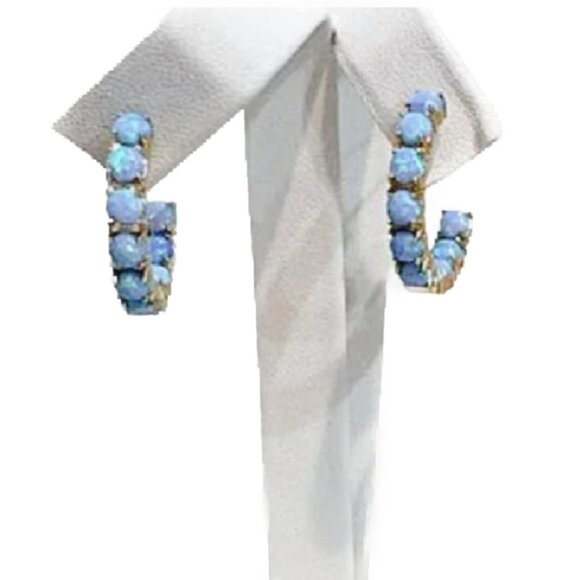 Beautiful Blue Opal Simulated 18k gold plated hoop pierced earrings - Picture 3 of 6